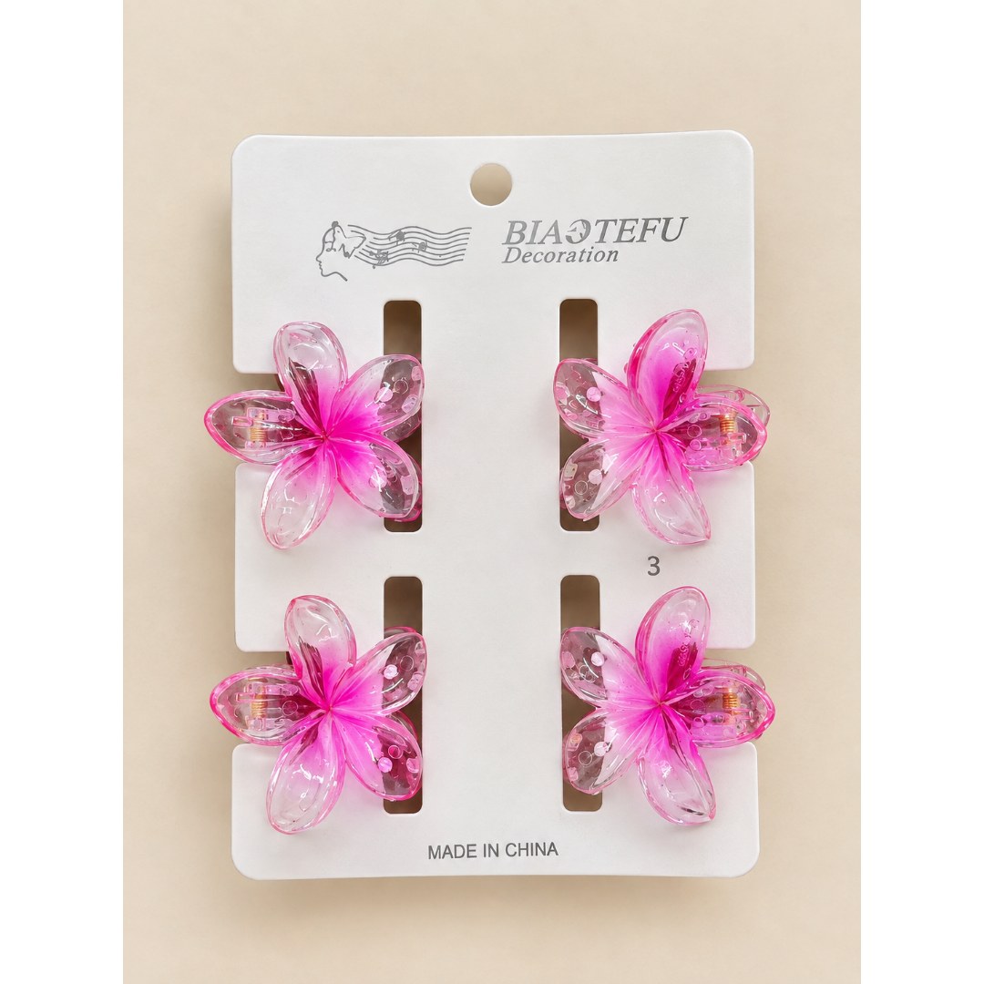 Presilha de Cabelo Flor Acrílico Rosa (Kit com 4)