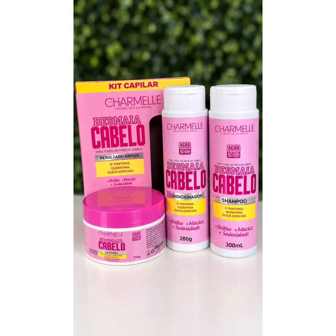 Kit Capilar Desmaia Cabelo (Shampoo 300ml, Condicionador 280g e Máscara 250g) - Charmelle Cosméticos do Brasil  