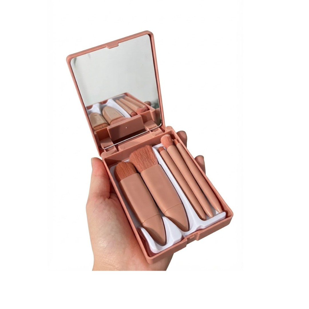 Kit de Pincéis de Maquiagem Portáteis em Estojo Espelhado - Cor Rose