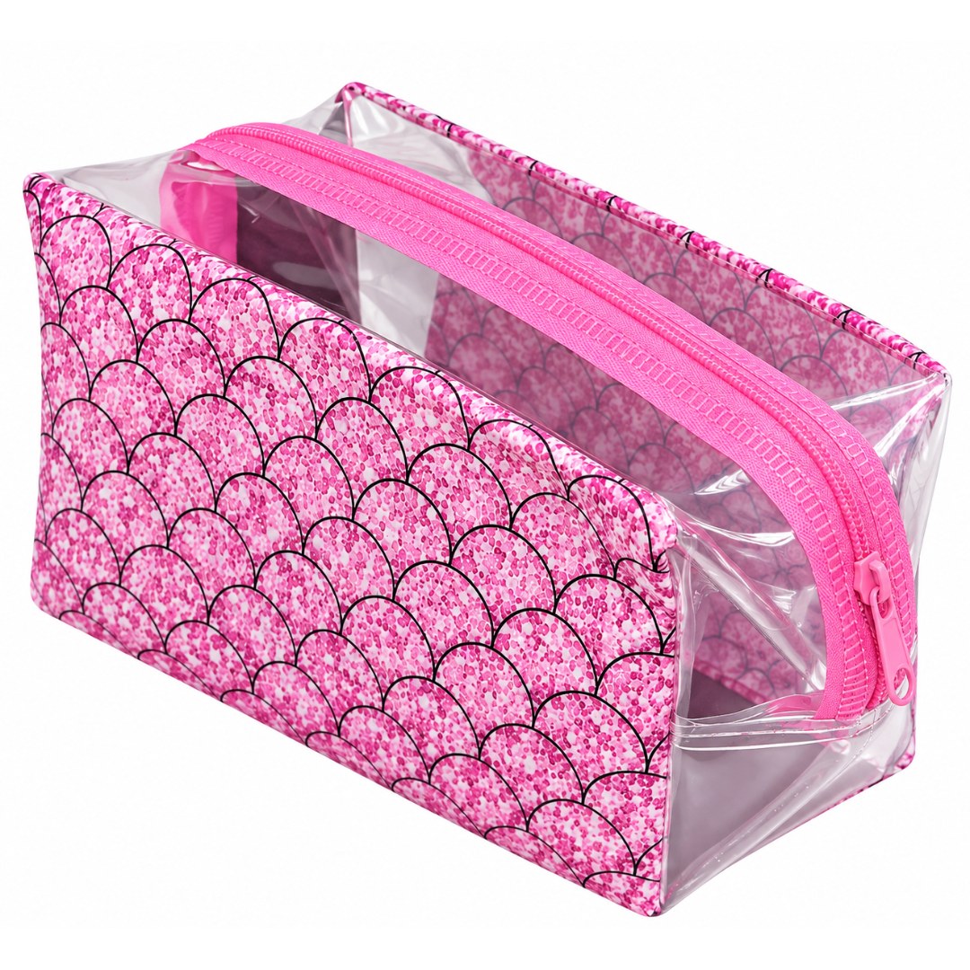 Nécessaire Box Transparente com Estampa de Escamas Rosa e Zíper