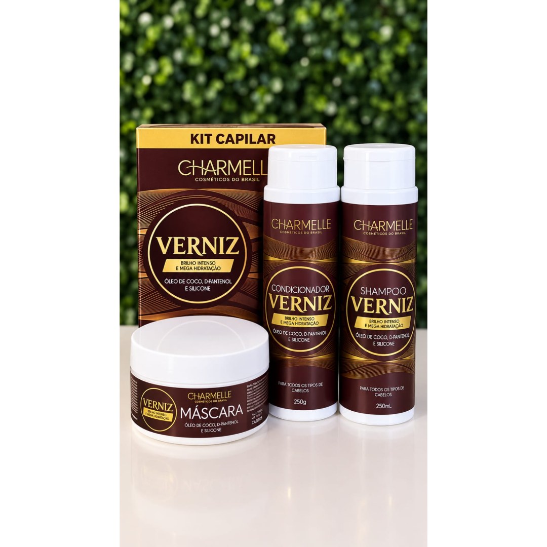 Kit Capilar Verniz (Shampoo 250ml, Condicionador 250g e Máscara 250g) - Charmelle Cosméticos do Brasil. 
